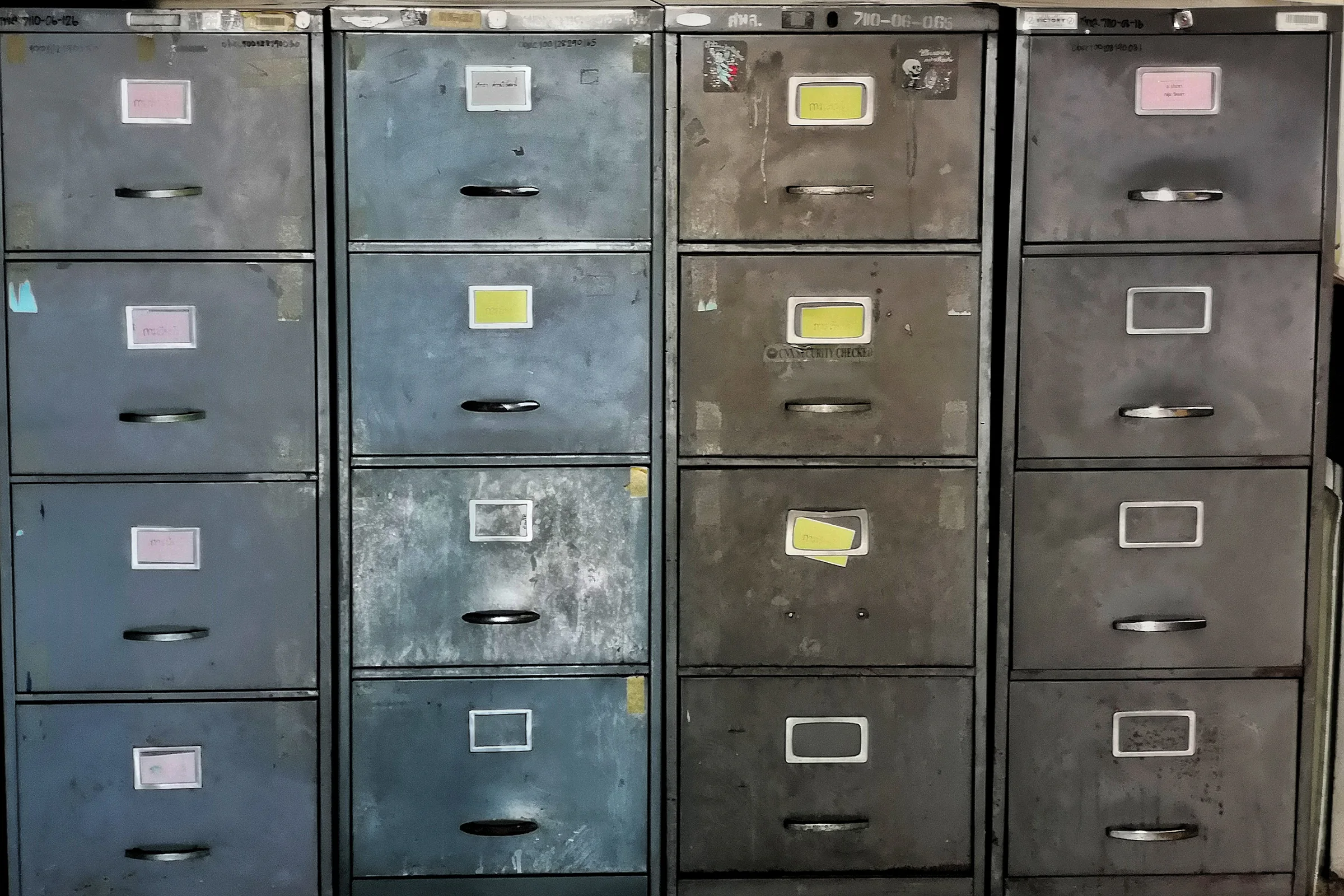Rows of labelled metal filing drawers