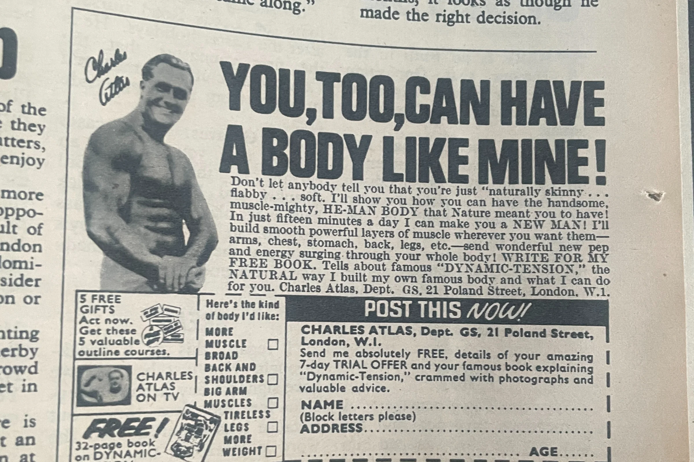 Vintage bodybuilding advertisement printed in a newspaper